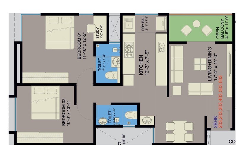 Floor plan of 2 BHK 546 Sq. Ft. Apartment in Ranade Yashodhan, Pune