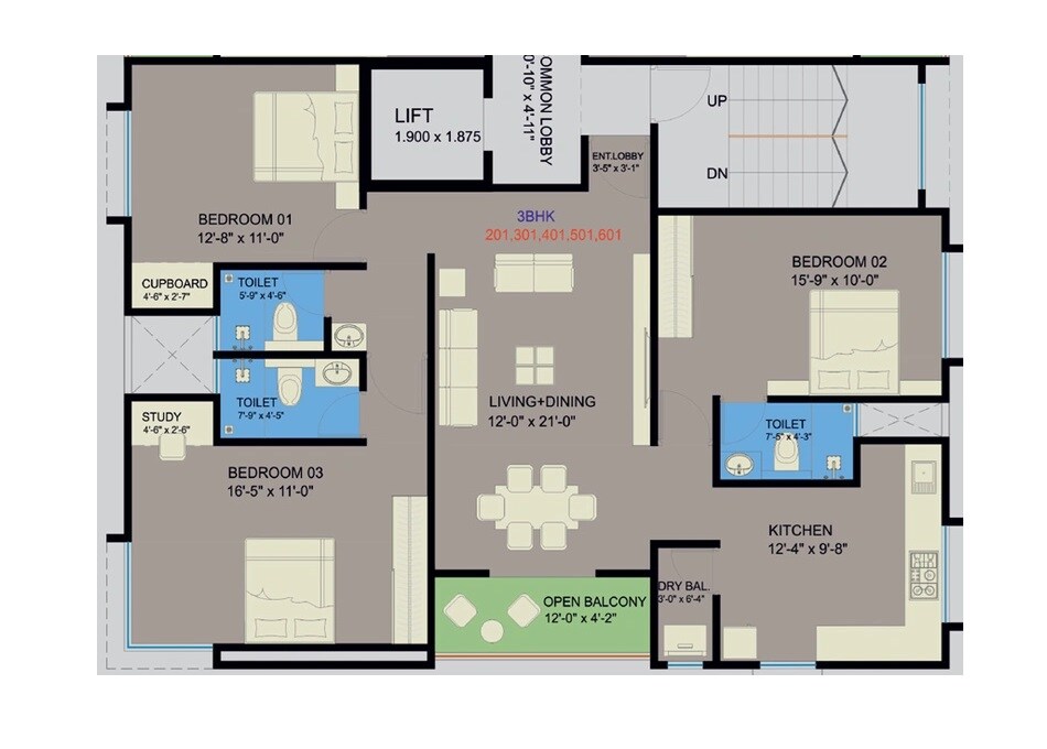 Floor plan of 3 BHK 767 Sq. Ft. Apartment in Ranade Yashodhan, Pune