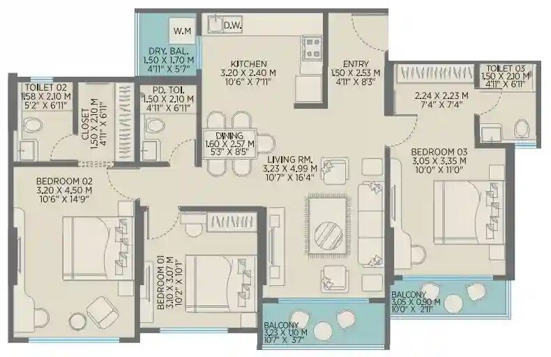 Floor plan of 2 BHK 817 Sq. Ft. Apartment in Ranawat Aura Waters, Pune