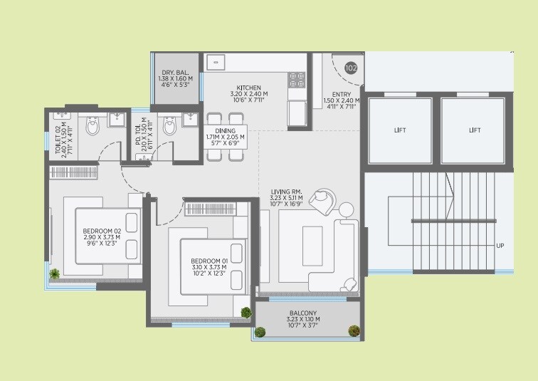 Floor plan of 2 BHK 710 Sq. Ft. Apartment in Ranawat Aura Waters, Pune