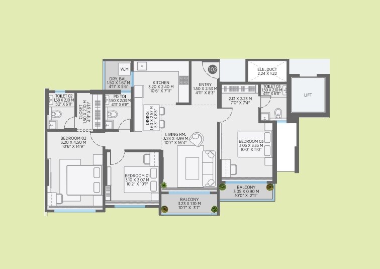 Floor plan of 3 BHK 1078 Sq. Ft. Apartment in Ranawat Aura Waters, Pune