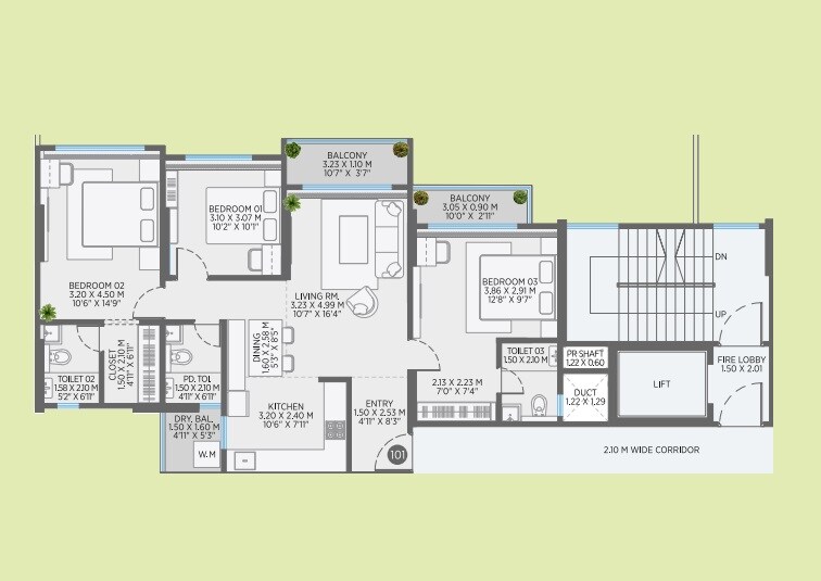 Floor plan of 3 BHK 1222 Sq. Ft. Apartment in Ranawat Aura Waters, Pune