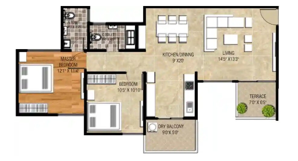 Floor plan of 2 BHK 870 Sq. Ft. Apartment in Ranawat Shankeshwar Darshan, Pune