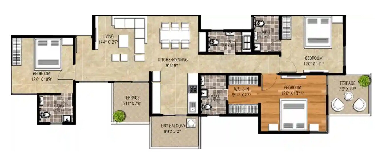 Floor plan of 3 BHK 1224 Sq. Ft. Apartment in Ranawat Shankeshwar Darshan, Pune