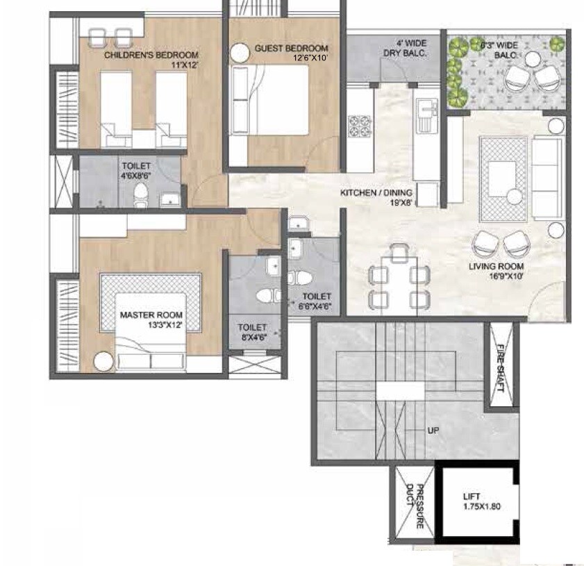 Floor plan of 3 BHK 1093 Sq. Ft. Apartment in Ranjekar Avantika, Pune