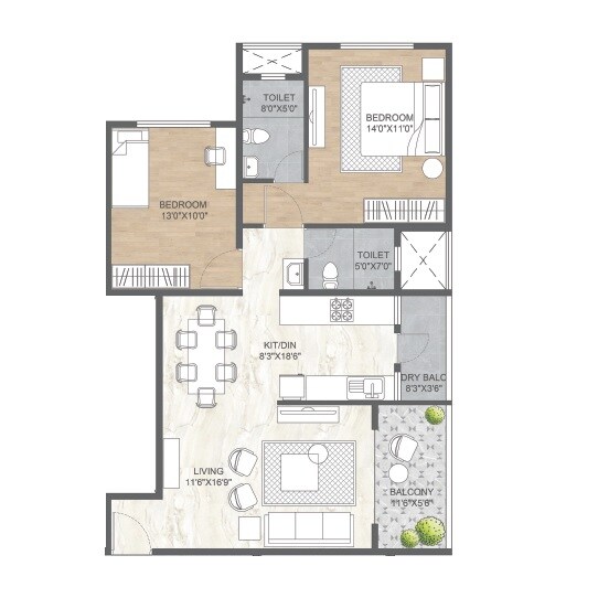Floor plan of 2 BHK 897 Sq. Ft. Apartment in Ranjekar Dhansampada, Pune