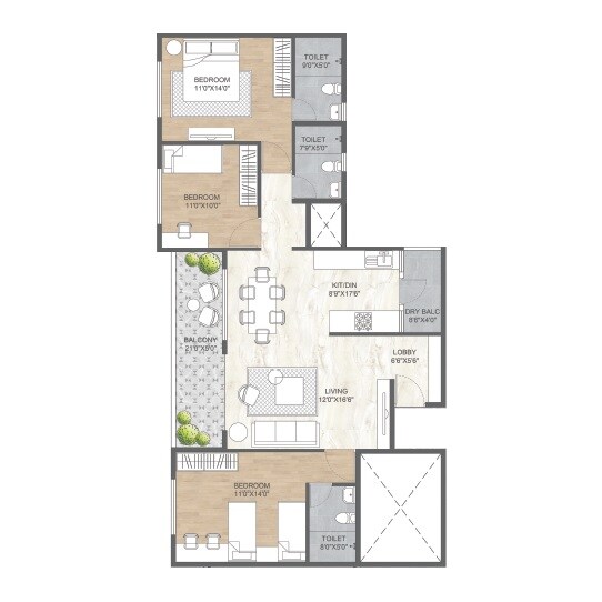 Floor plan of 3 BHK 1200 Sq. Ft. Apartment in Ranjekar Dhansampada, Pune