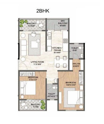 Floor plan of 2 BHK 940 Sq. Ft. Apartment in Ranjekar Jagdeep, Pune