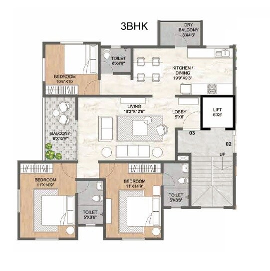 Floor plan of 3 BHK 1216 Sq. Ft. Apartment in Ranjekar Jagdeep, Pune