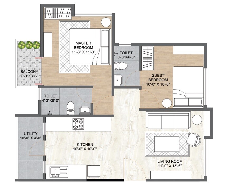Floor plan of 2 BHK 691 Sq. Ft. Apartment in Ranjekar Omkar, Pune