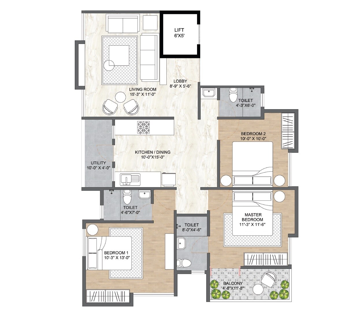 Floor plan of 3 BHK 1038 Sq. Ft. Apartment in Ranjekar Omkar, Pune