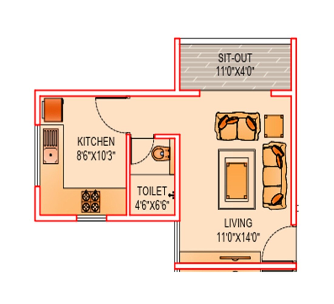 Floor plan of 401 Sq. Ft. Studio in Ranjekar Rakhi, Pune