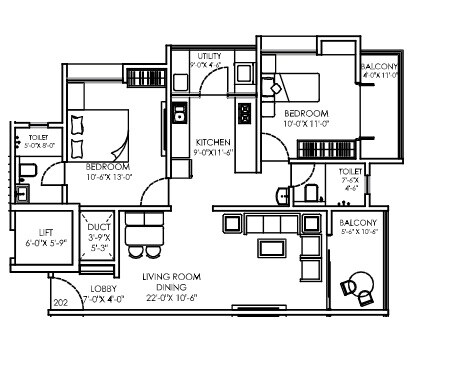 Floor plan of 2 BHK 765 Sq. Ft. Apartment in Ranjekar Ratnankur, Pune