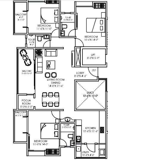 Floor plan of 3 BHK 1178 Sq. Ft. Apartment in Ranjekar Ratnankur, Pune