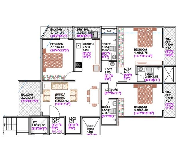 Floor plan of 3 BHK 1287 Sq. Ft. Apartment in Ranjekar Snehdeep, Pune