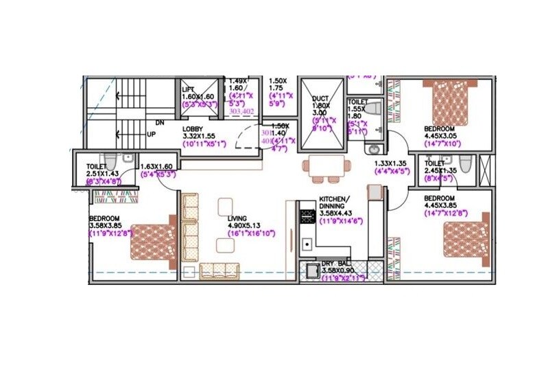 Floor plan of 3 BHK 1392 Sq. Ft. Apartment in Ranjekar Snehdeep, Pune