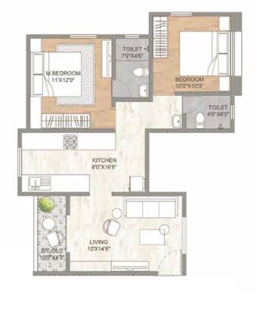 Floor plan of 2 BHK 686 Sq. Ft. Apartment in Ranjekar Tirth, Pune
