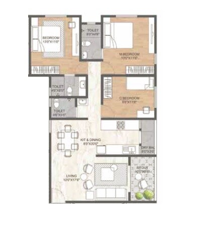 Floor plan of 3 BHK 1007 Sq. Ft. Apartment in Ranjekar Tirth, Pune