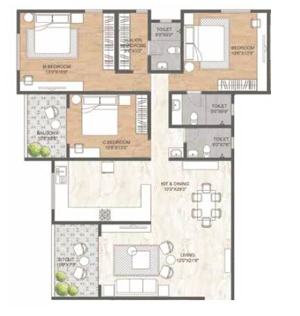 Floor plan of 3 BHK 1584 Sq. Ft. Apartment in Ranjekar Tirth, Pune