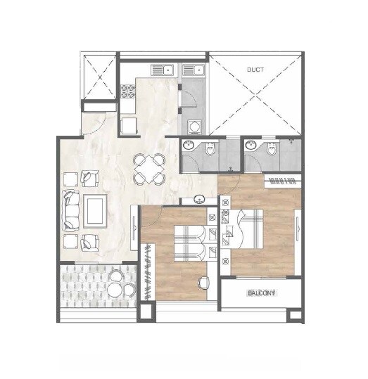 Floor plan of 2 BHK 736 Sq. Ft. Apartment in Ranjekar Umashankar Prasad, Pune