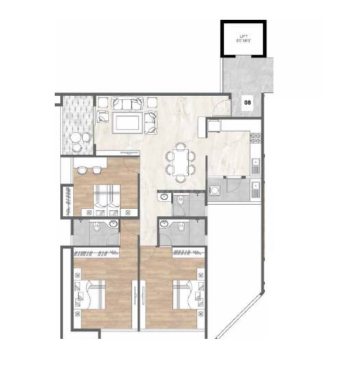 Floor plan of 3 BHK 1064 Sq. Ft. Apartment in Ranjekar Umashankar Prasad, Pune