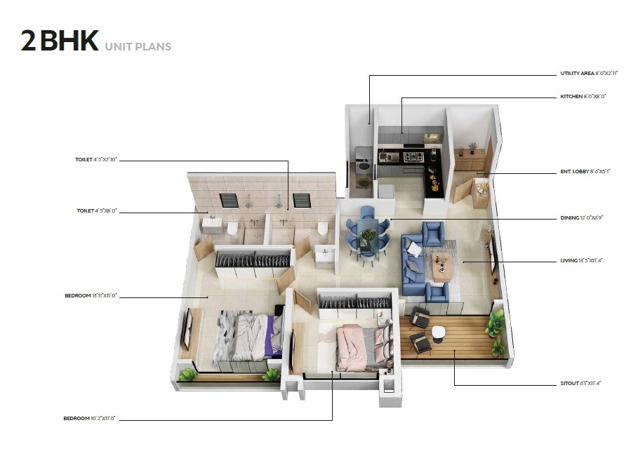 Floor plan of 2 BHK 873 Sq. Ft. Apartment in Ranjekar Vasundhara, Pune
