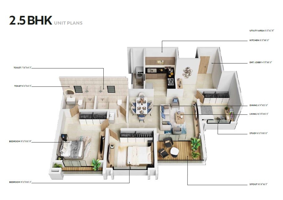 Floor plan of 2 BHK 970 Sq. Ft. Apartment in Ranjekar Vasundhara, Pune