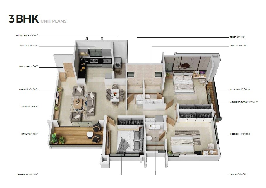 Floor plan of 3 BHK 1166 Sq. Ft. Apartment in Ranjekar Vasundhara, Pune