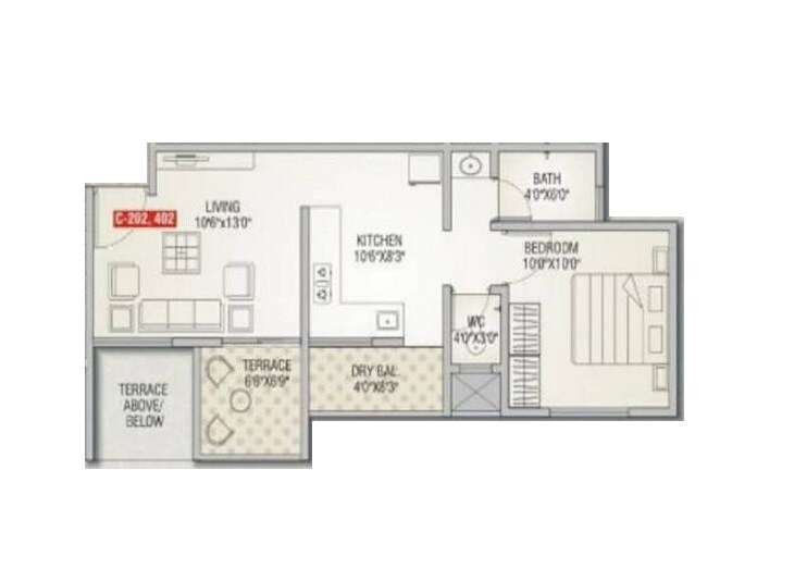 Floor plan of 1 BHK 377 Sq. Ft. Apartment in Rasgandh Skyline Pride, Pune