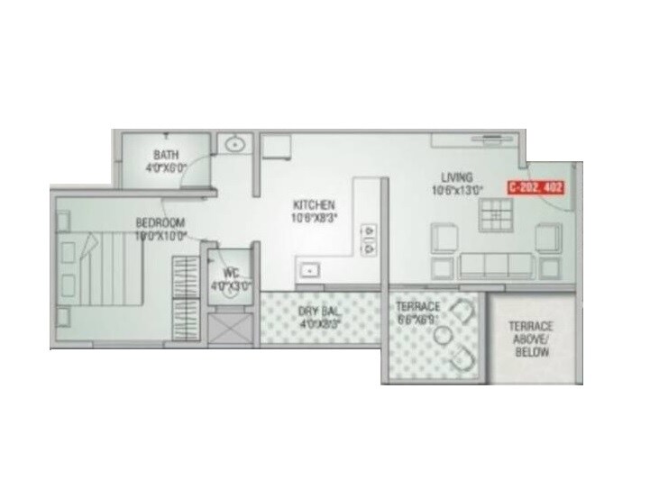 Floor plan of 1 BHK 412 Sq. Ft. Apartment in Rasgandh Skyline Pride, Pune