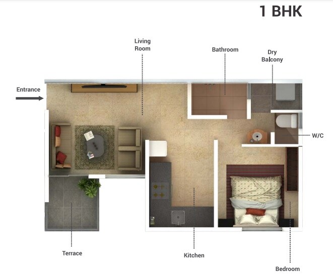 Floor plan of 1 BHK 493 Sq. Ft. Apartment in Rathi Nova Residency, Pune