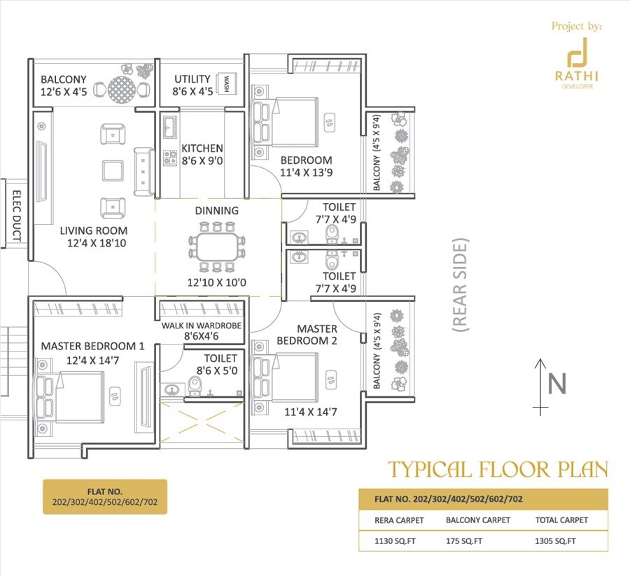 Floor plan of 3 BHK Apartment - 1304 sq. ft. in Rathi Yashodhan Elite, Pune