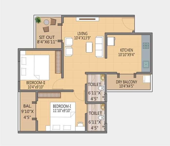 Floor plan of 2 BHK 503 Sq. Ft. Apartment in Rathod Krishna Prabha Aangan, Pune