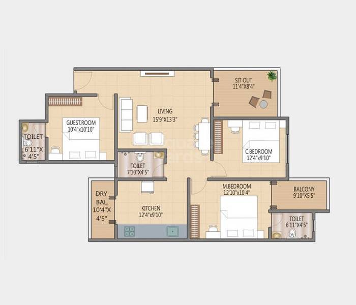 Floor plan of 3 BHK 898 Sq. Ft. Apartment in Rathod Krishna Prabha Aangan, Pune