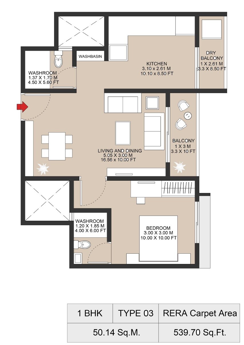 Floor plan of 1 BHK 539 Sq. Ft. Apartment in Raut Nova Nest, Pune