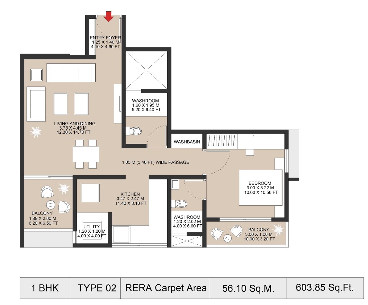 Floor plan of 1 BHK 603 Sq. Ft. Apartment in Raut Nova Nest, Pune
