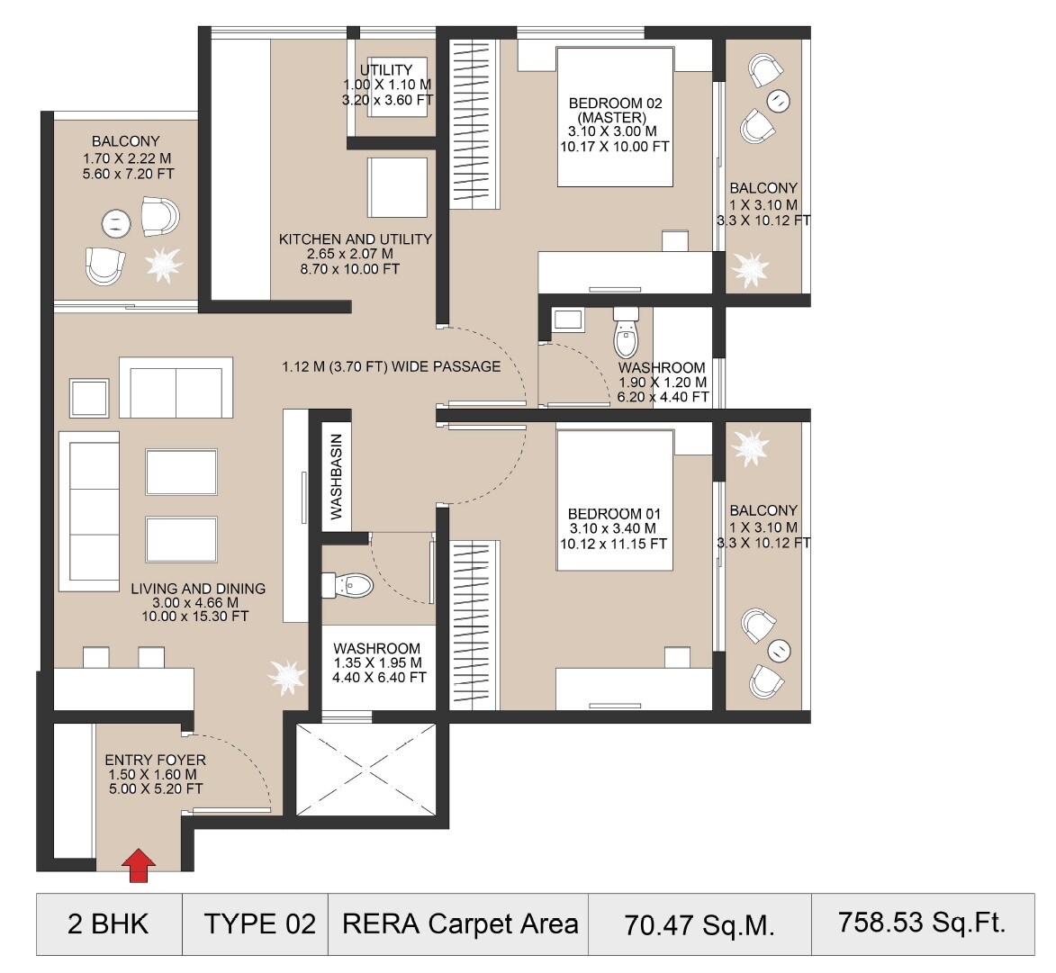 Floor plan of 2 BHK 758 Sq. Ft. Apartment in Raut Nova Nest, Pune