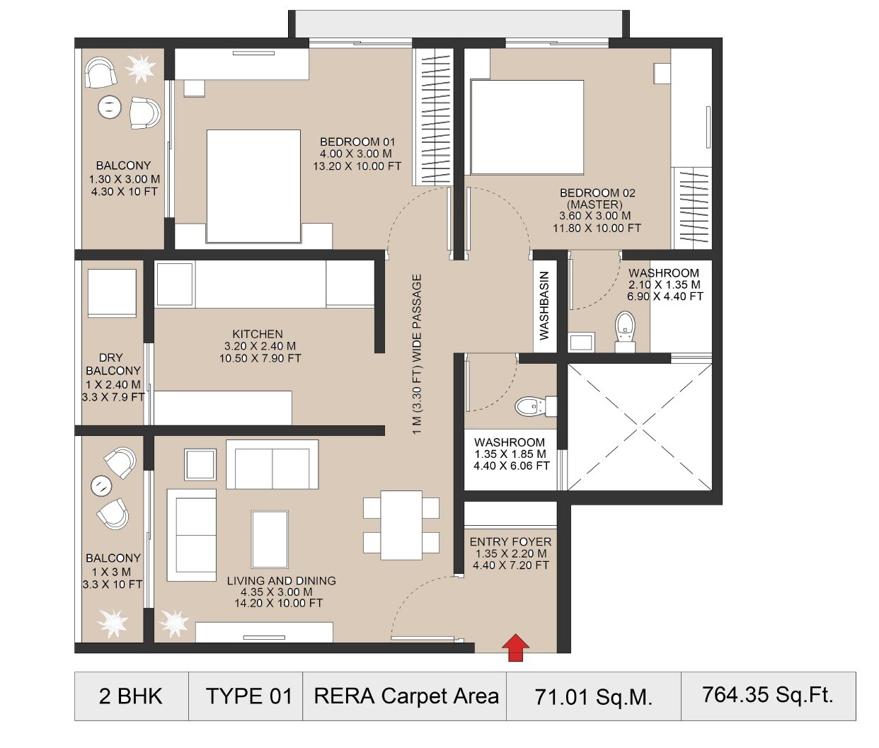 Floor plan of 2 BHK 764 Sq. Ft. Apartment in Raut Nova Nest, Pune