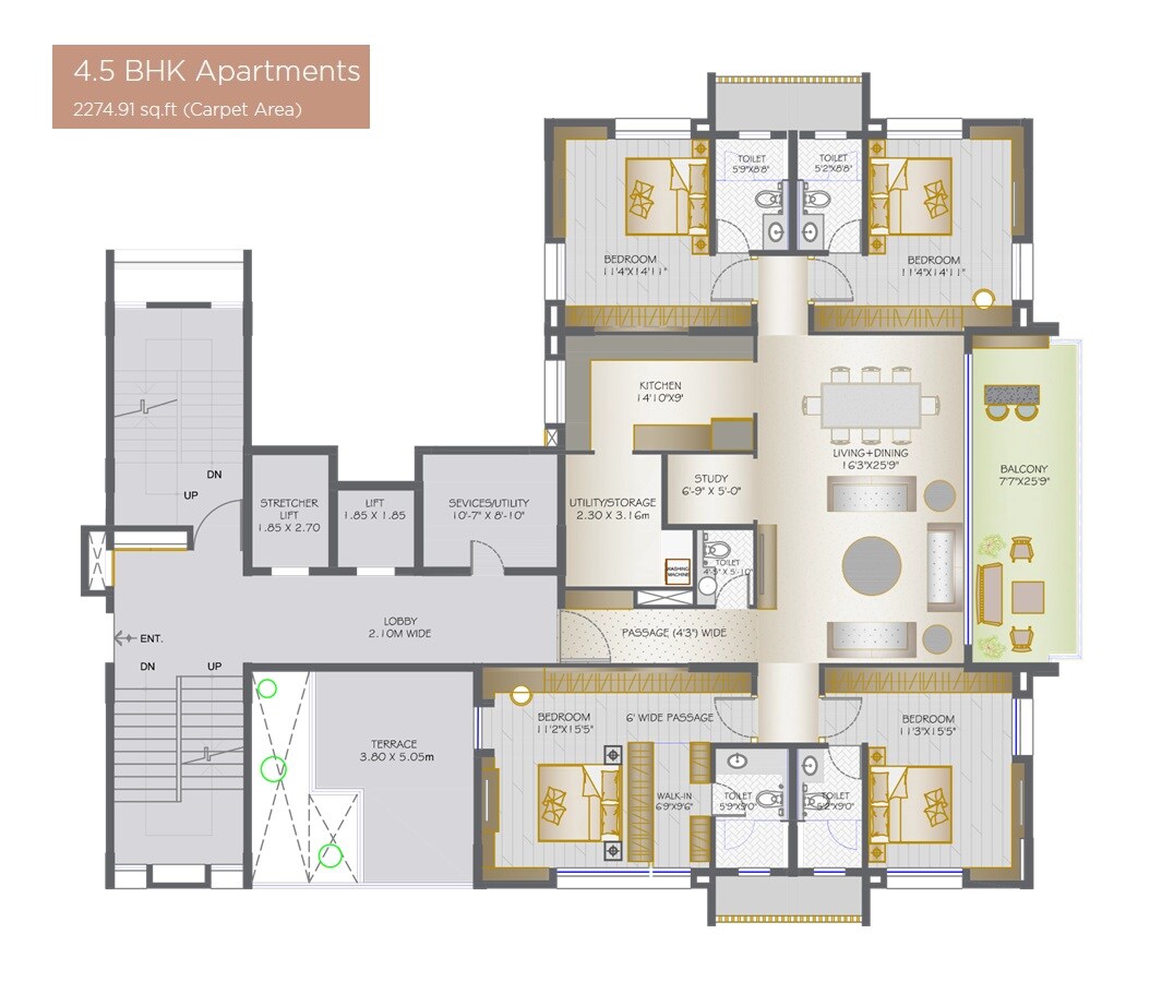 Floor plan of 4 BHK 2274 Sq. Ft. Apartment in Ravetkar Astrea, Pune