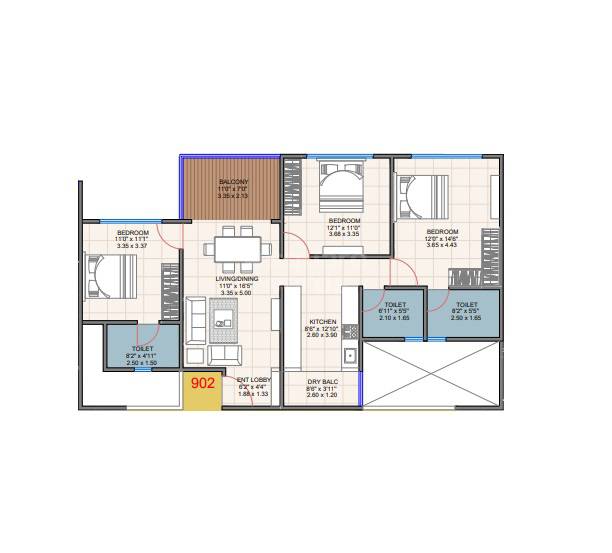 Floor plan of 3 BHK 1033 Sq. Ft. Apartment in Ravetkar Shri Keshavlaxmi, Pune