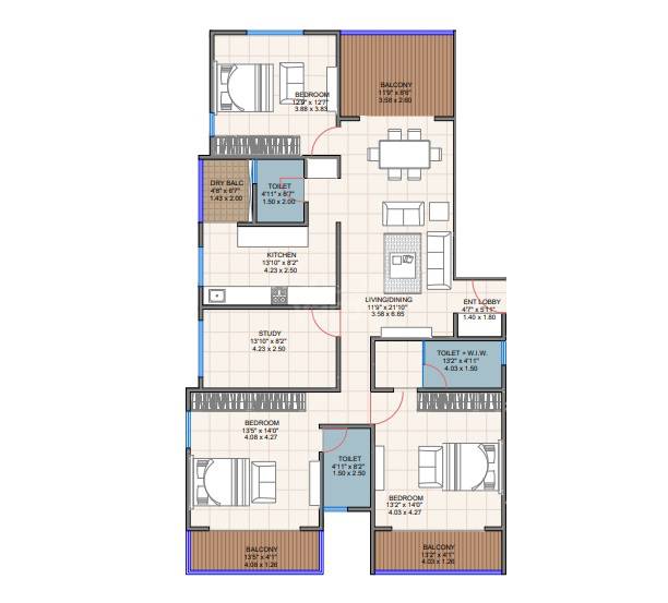 Floor plan of 3 BHK 1560 Sq. Ft. Apartment in Ravetkar Shri Keshavlaxmi, Pune