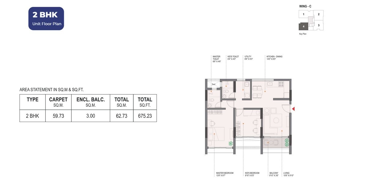 Floor plan of 2 BHK 675 Sq. Ft. Apartment in Ravima Newton Homes, Pune