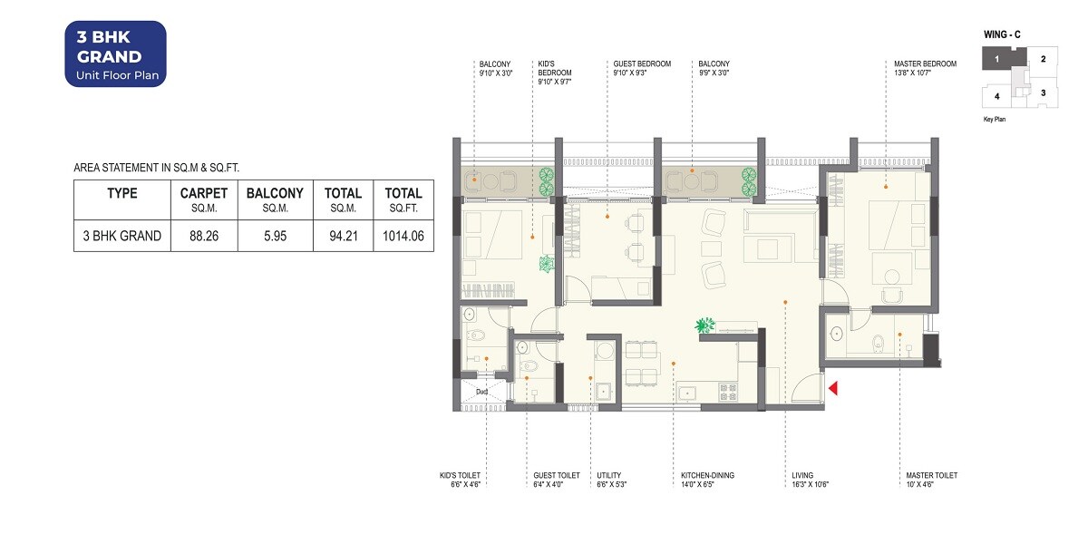 Floor plan of 3 BHK 1015 Sq. Ft. Apartment in Ravima Newton Homes, Pune