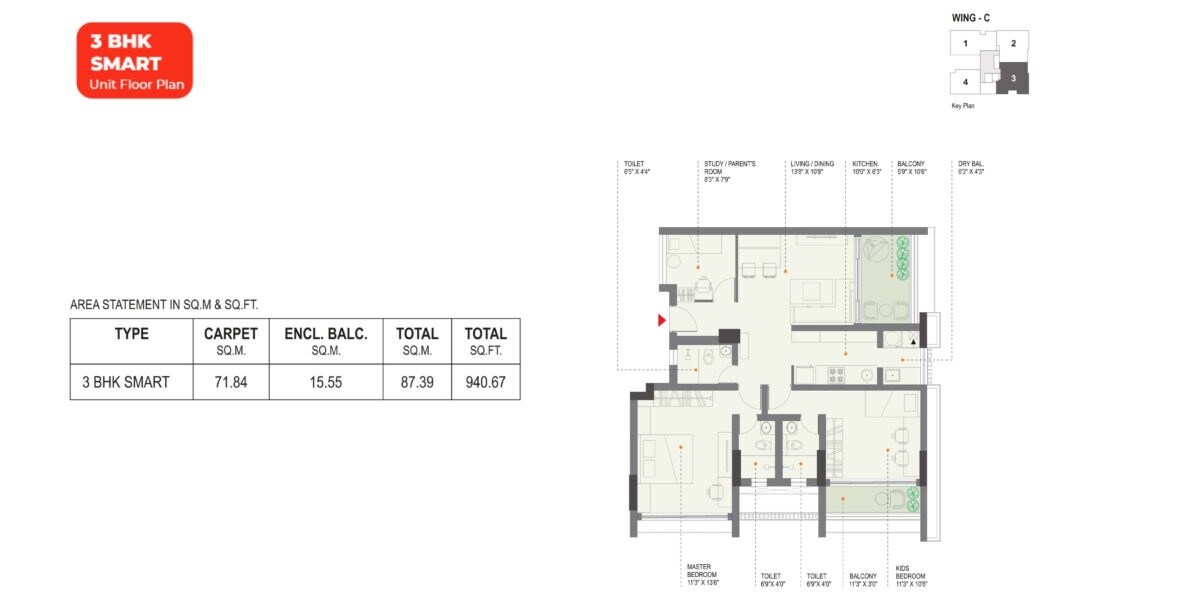 Floor plan of 3 BHK 941 Sq. Ft. Apartment in Ravima Newton Homes, Pune