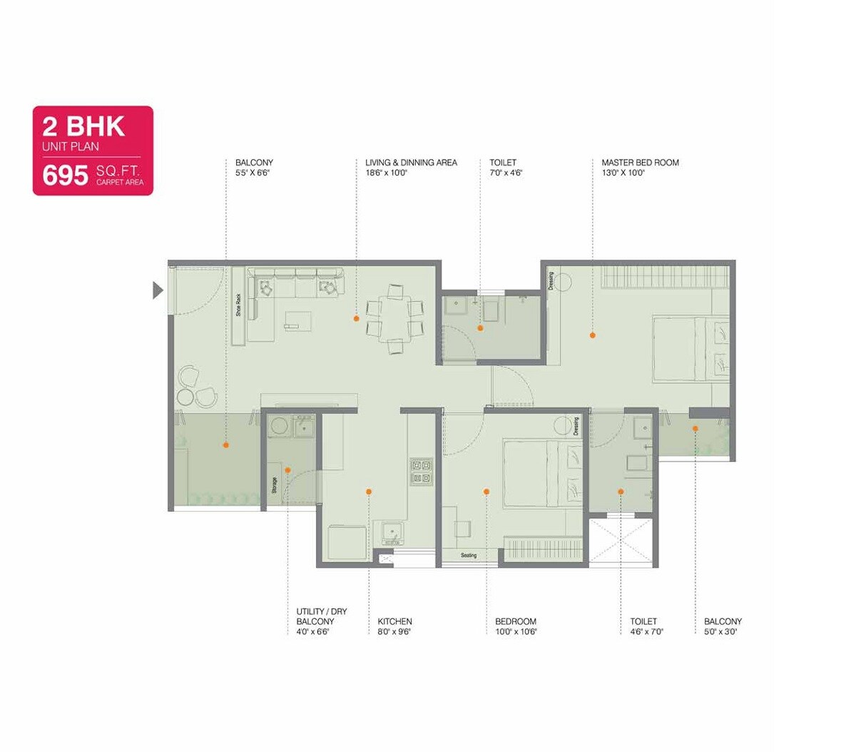 Floor plan of 2 BHK 674 Sq. Ft. Apartment in Ravima Newton Homes Hadapsar, Pune