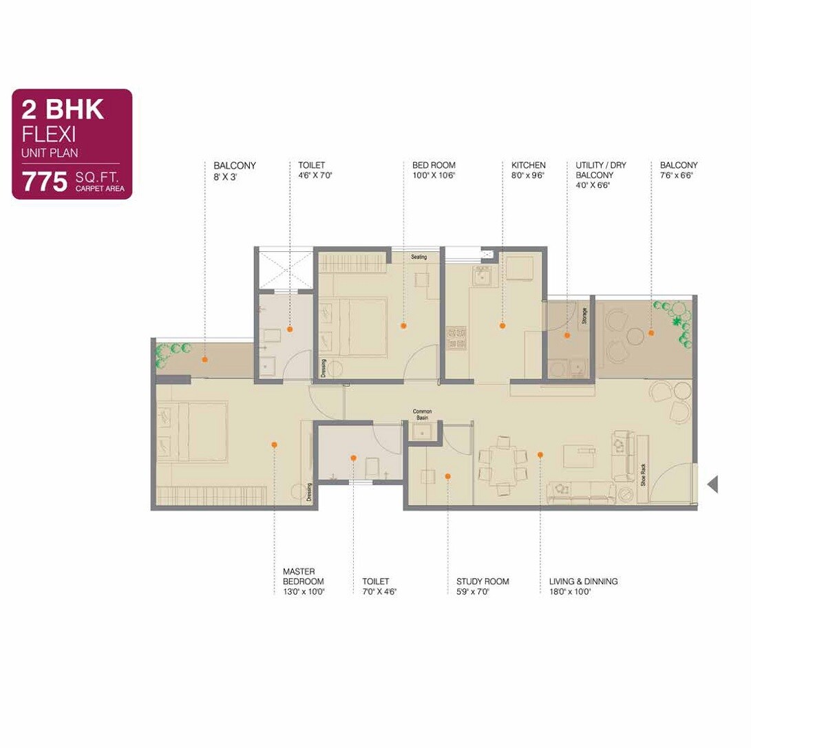 Floor plan of 2 BHK 775 Sq. Ft. Apartment in Ravima Newton Homes Hadapsar, Pune