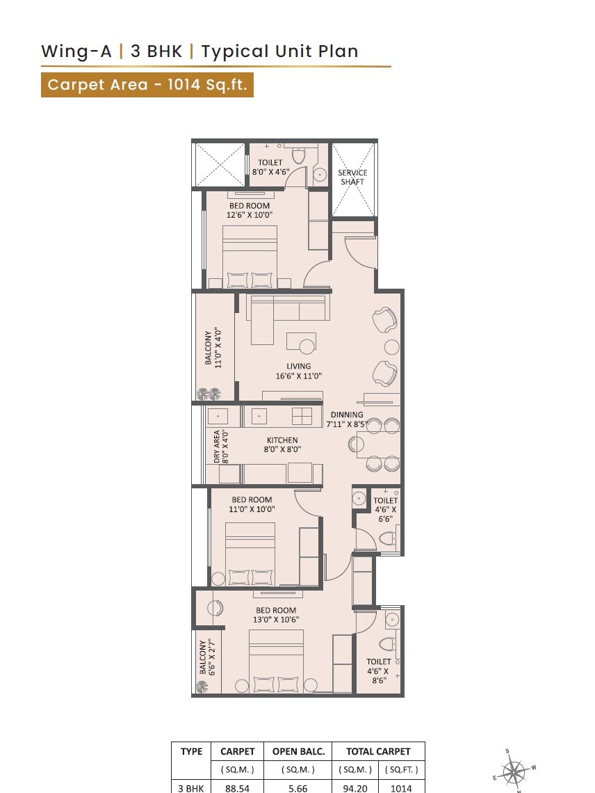 3 BHK 1014 Sq. Ft. Apartment