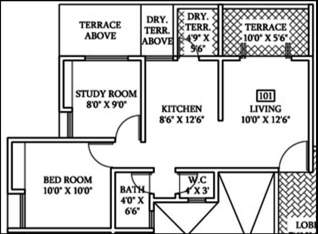 Floor plan of 1 BHK 750 Sq. Ft. Apartment in Ravinanda Sky Square, Pune