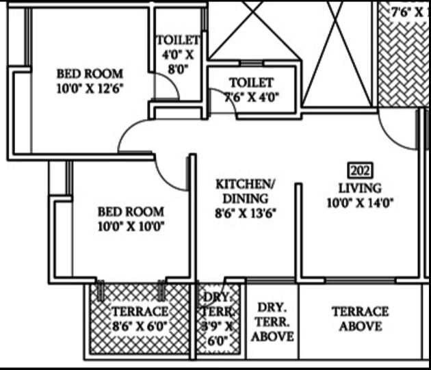 Floor plan of 2 BHK 1000 Sq. Ft. Apartment in Ravinanda Sky Square, Pune