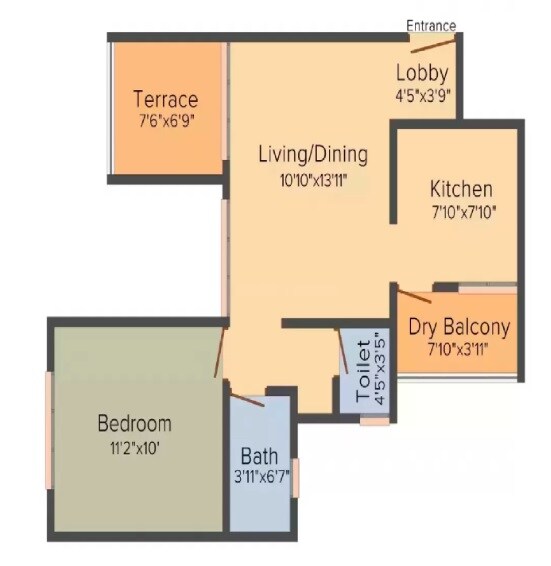 Floor plan of 1 BHK 389 Sq. Ft. Apartment in Ravinanda Trinity, Pune